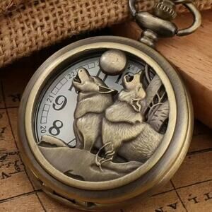 Wolf 2 Wolves Pocket Watch Howling Werewolf Full Moon Couples Gift Bronze - NEW!